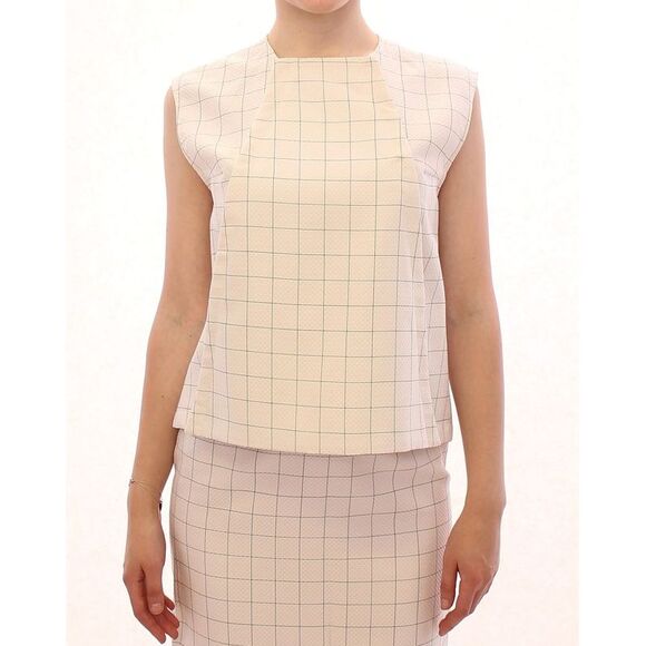 Andrea Incontri Beige Grid Sleeveless Suit GSS10710 Women White Tops & T-Shirts - Picture 1 of 6